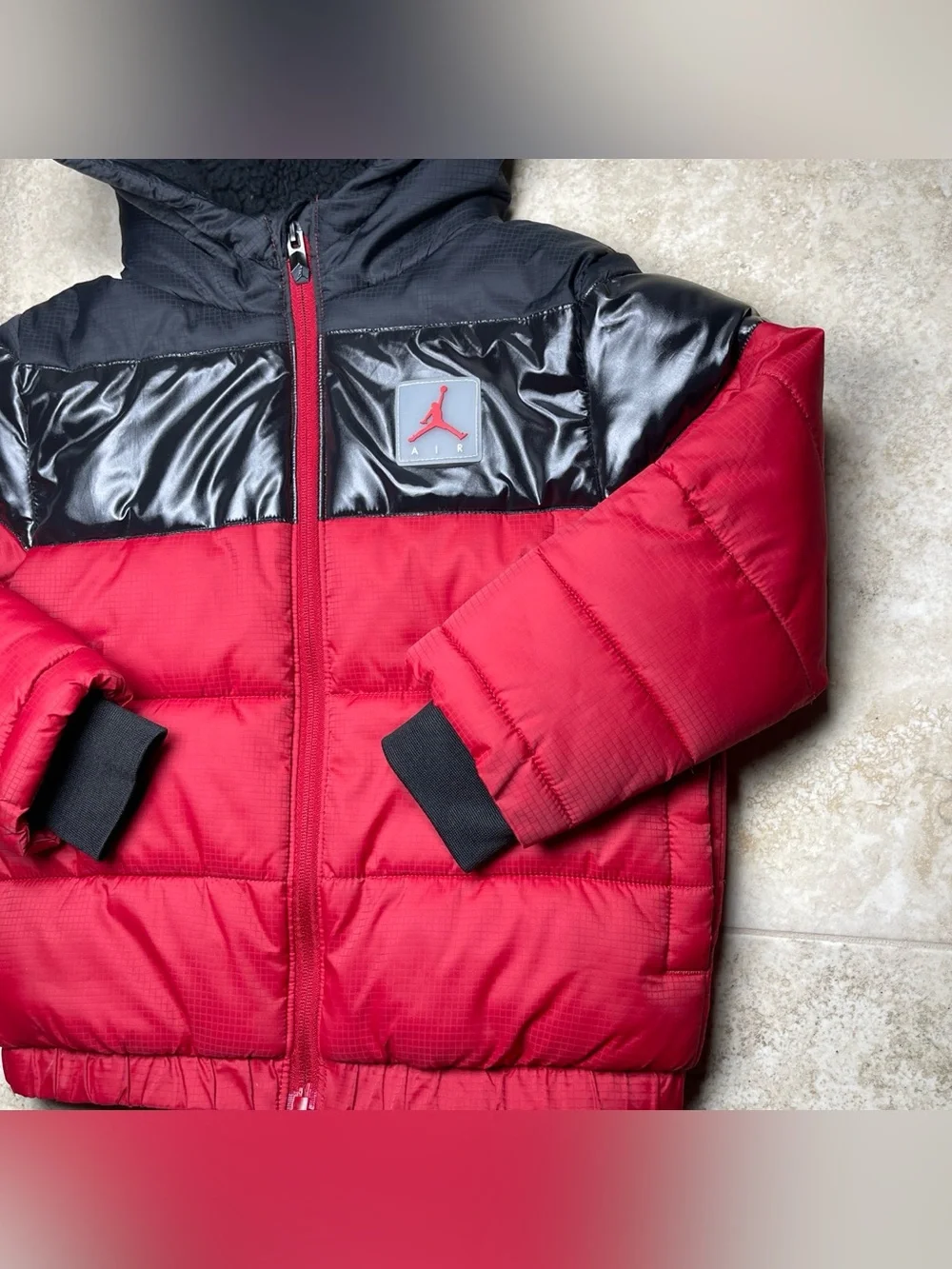 Jordan Red and Black Kids Puffer Jacket with Hood